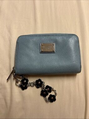 Michael Kors Light Blue Saffiano Zip Wallet with Floral Charm